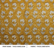 Block Print Linen Fabric, Thick Handloom Linen Fabric Block Print Mustard Color Floral Linen Fabric For Cushion Pillow Cover, Upholstery Fabric