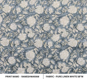 Block Print Linen Fabric, Rameshwaram  White Base Linen For Upholstery, Home Decor Linen, Linen By The Yard, Greyish Blue Colour Design, Home Docor And Gift