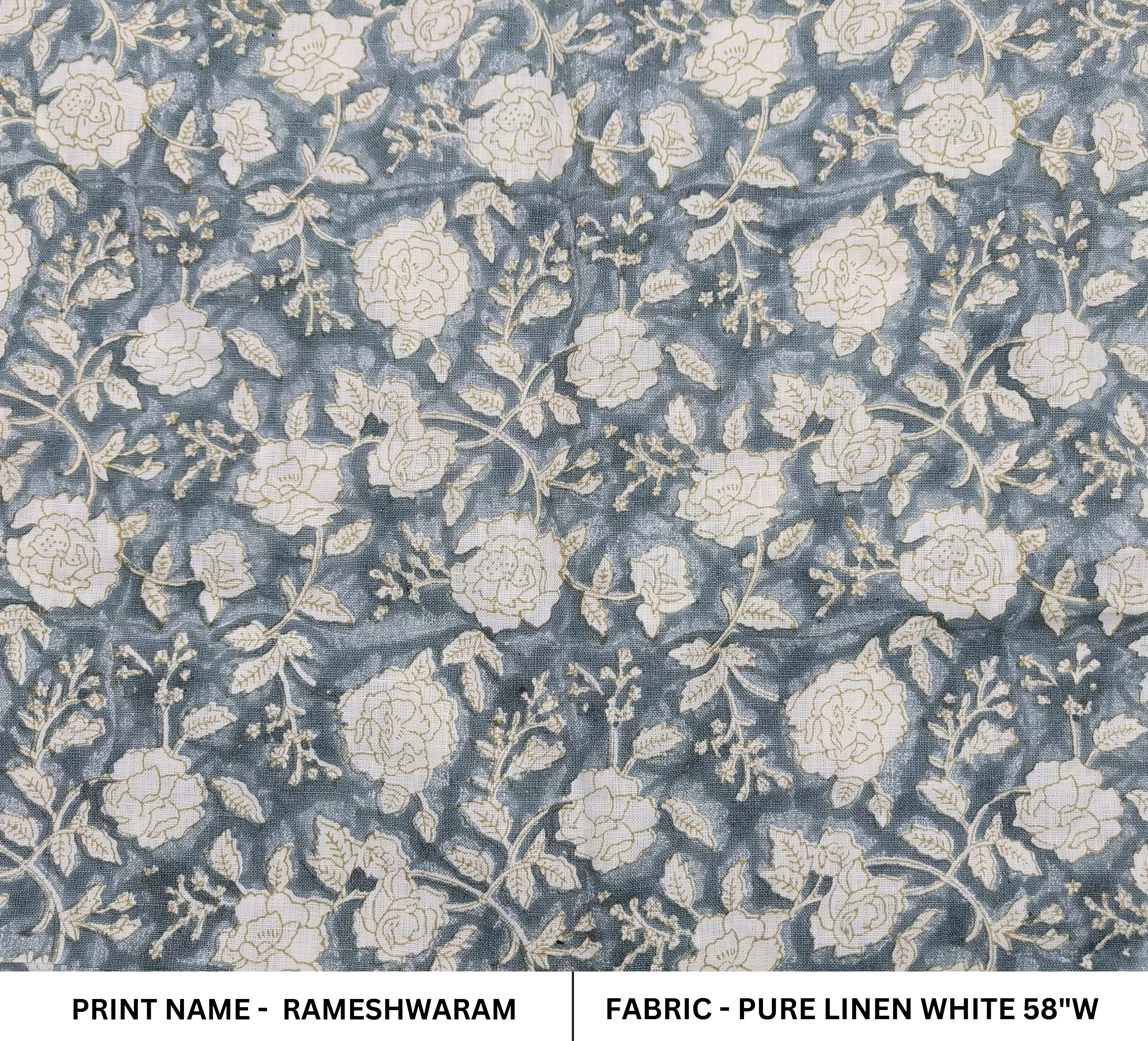 Block Print Linen Fabric, Rameshwaram  White Base Linen For Upholstery, Home Decor Linen, Linen By The Yard, Greyish Blue Colour Design, Home Docor And Gift