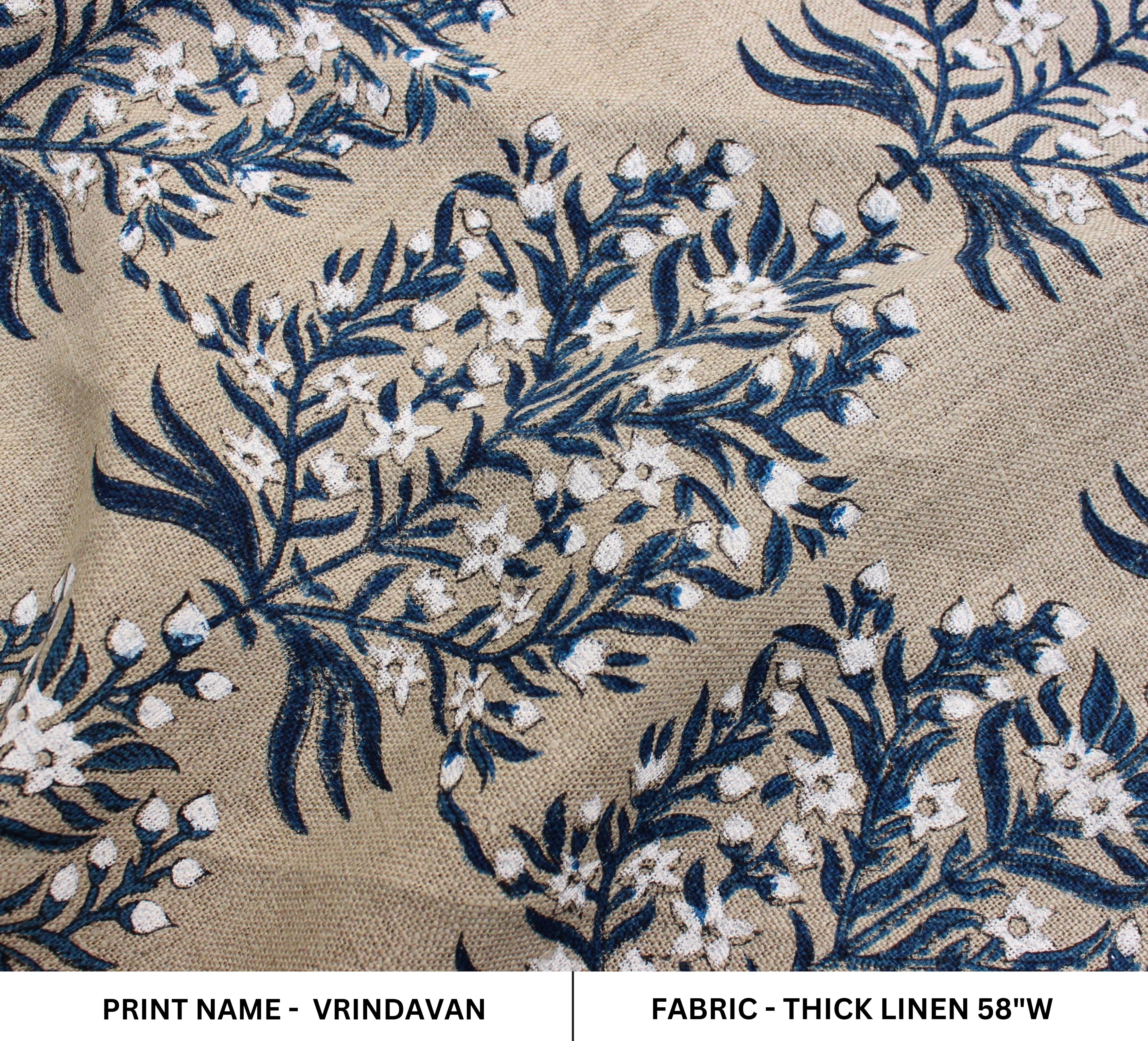 Block Print Linen Fabric, Vrindavan Flower  Hand Block Linen Pure Natural Fabrichandloom Upholstery  India Linen Fabric  Indian Hand Block Print  Indigo & White