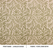 Junglee Ghass Linen  Olive Green Indian Hand Block Printed Fabric, Linen Block Print Pillow Cover