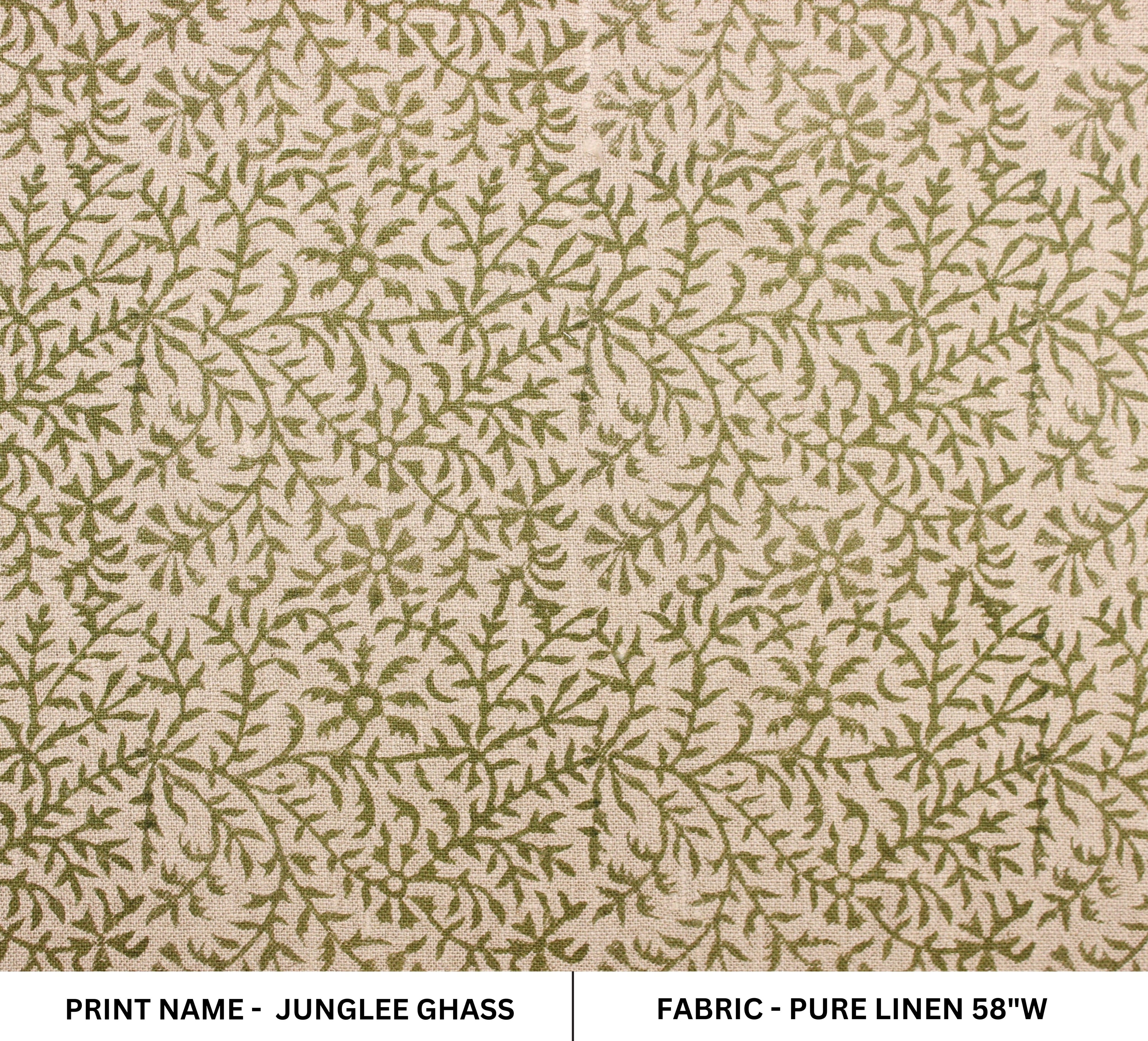 Junglee Ghass Linen  Olive Green Indian Hand Block Printed Fabric, Linen Block Print Pillow Cover