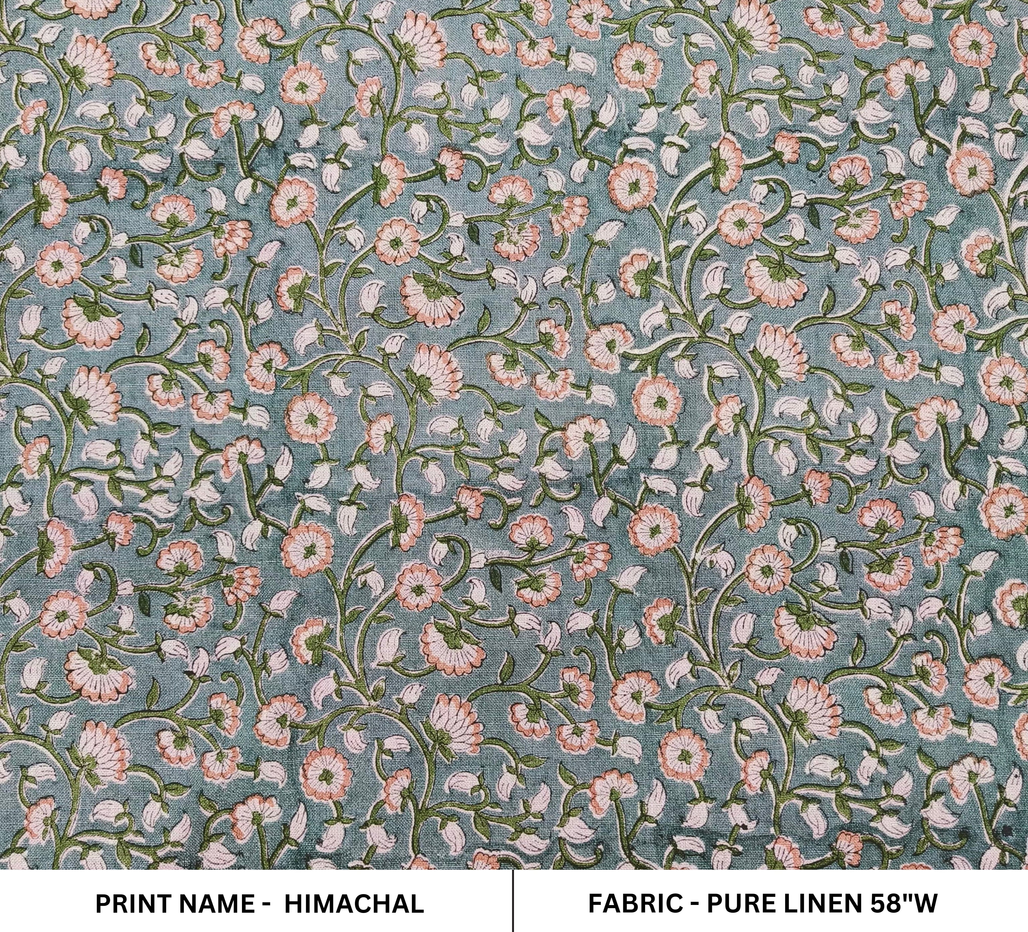 Himachal  Gray Green Floral Block Print Linen Fabric, Linen Cotton By The Yard, Cushion Pillow, Upholstery Home Decor Fabric