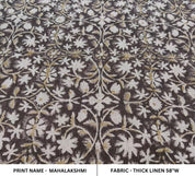 Block Print Linen Fabric, Mahalakshmi  Chocolate Brown Hand Block Linen Fabric, 100% Natural Thick Linen, Best For Cushion Cover Fabric, Sofa/Chair Upholstery