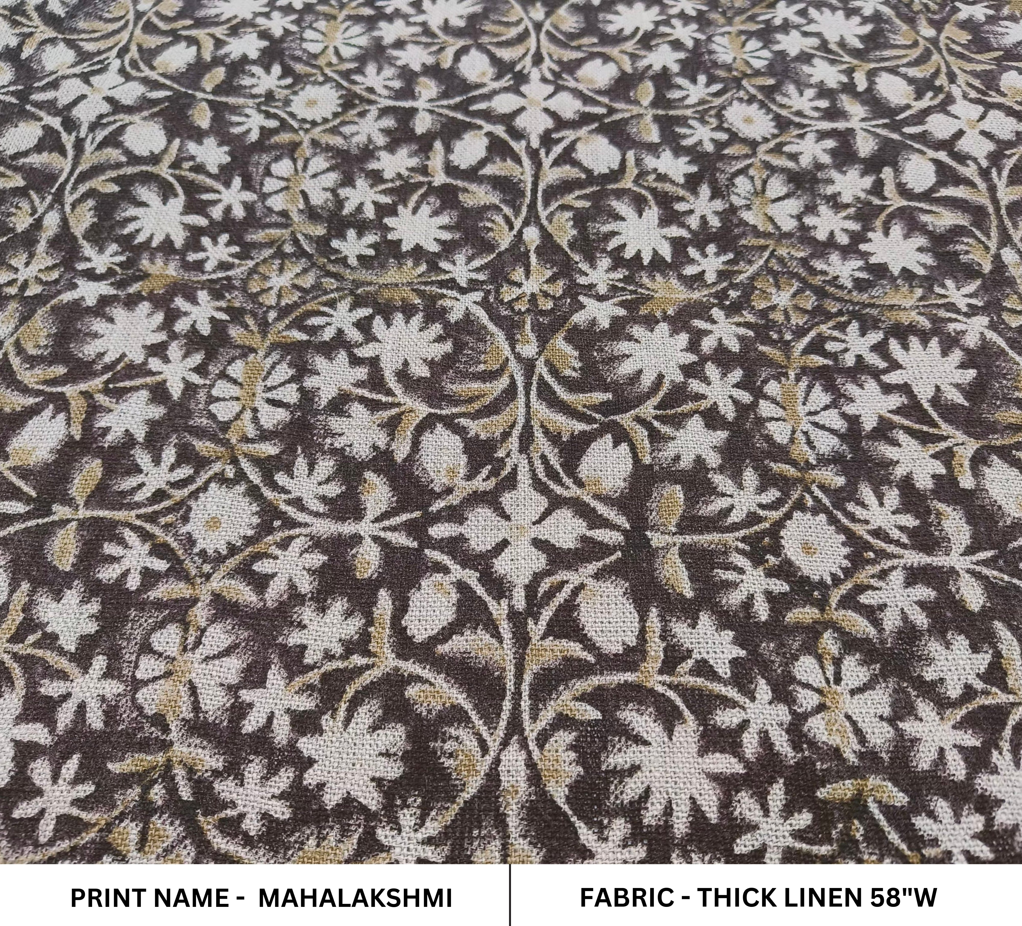 Block Print Linen Fabric, Mahalakshmi  Chocolate Brown Hand Block Linen Fabric, 100% Natural Thick Linen, Best For Cushion Cover Fabric, Sofa/Chair Upholstery
