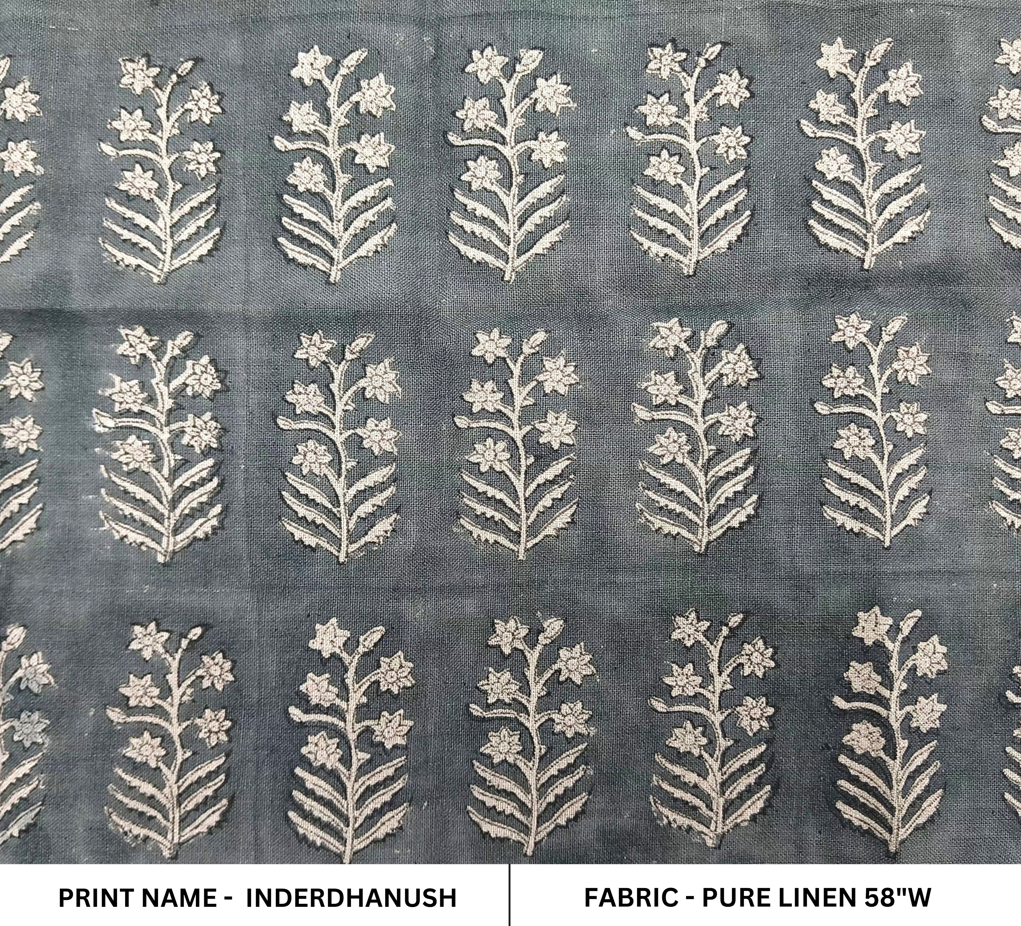 Inderdhanush Dark Grey  Pure Linen Natural Fabric With Floral Hand Block Print  Fabric By The Yard  Fabric Perfect For Upholstery,Cushion