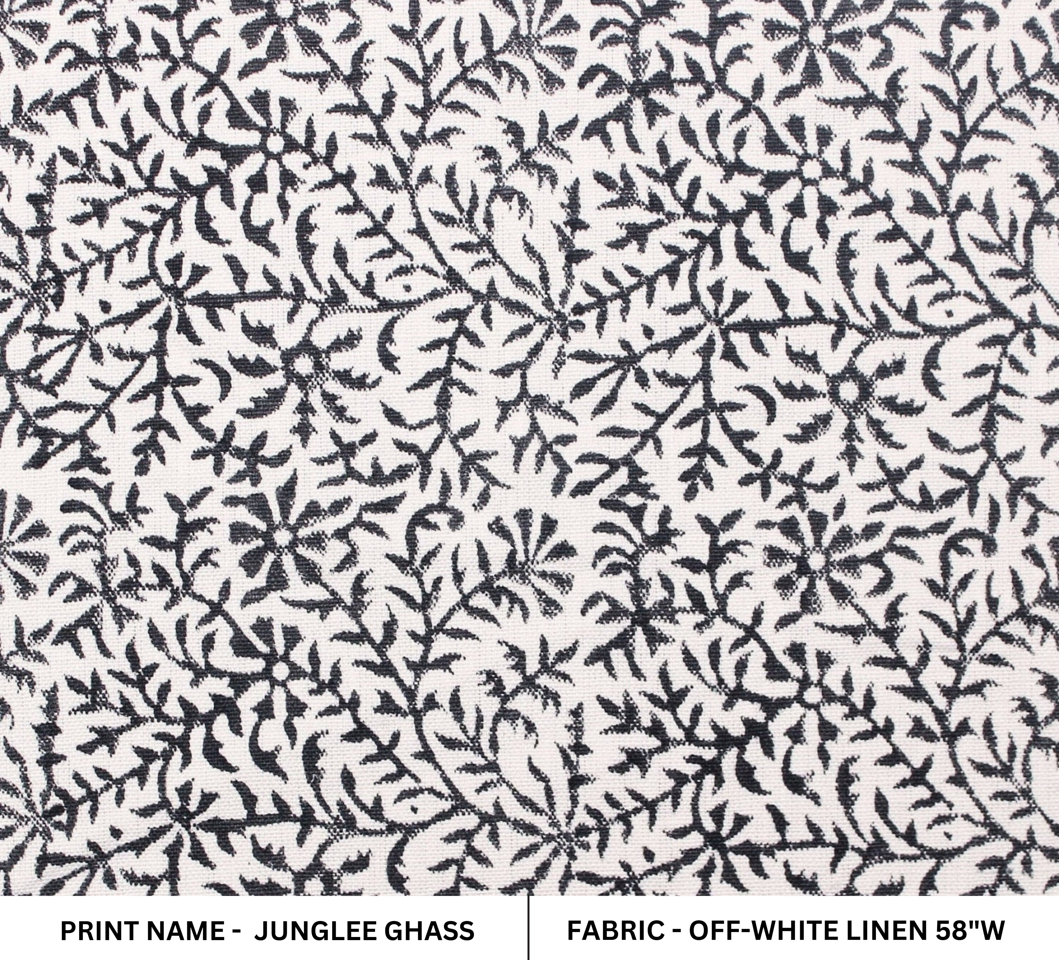 Junglee Ghass  Block Print Fabric Black & White, Indian Fabric Linen Fabric, Block Printed Pillow Covers, Leaf Floral Upholstery Fabric