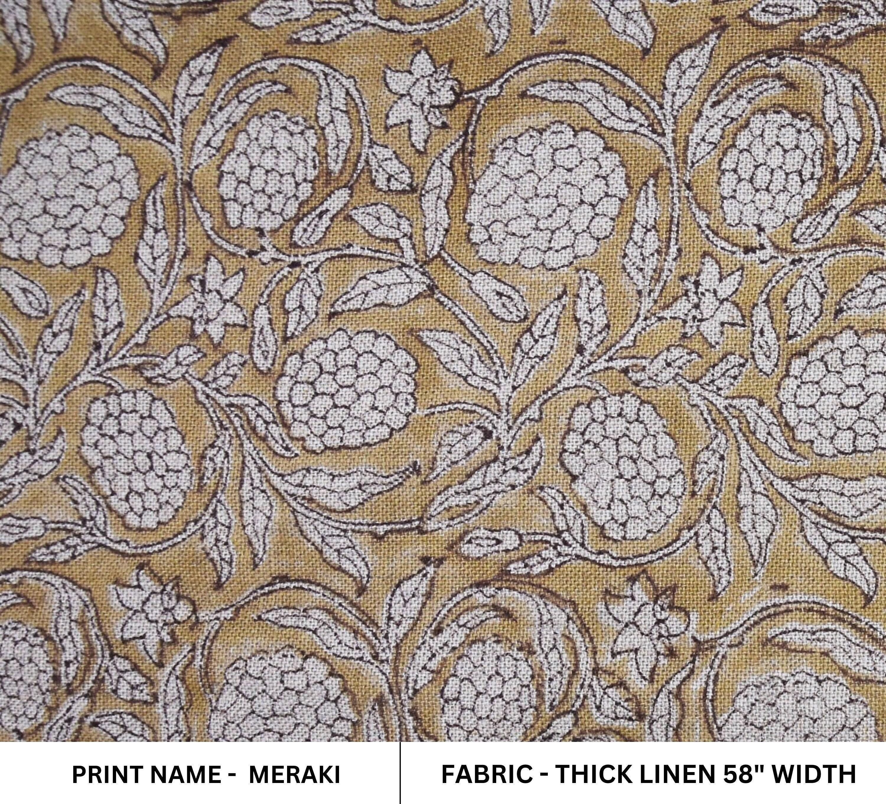 Linen Block Print Fabric 58 Inch Width Heavy Weight Linen Natural Base Color Curtains and Drapes Upholstery Handmade Art Pillow Covers Tablecloths and Runners Bedding Tote Bag Lampshades Napkins by Fabritual