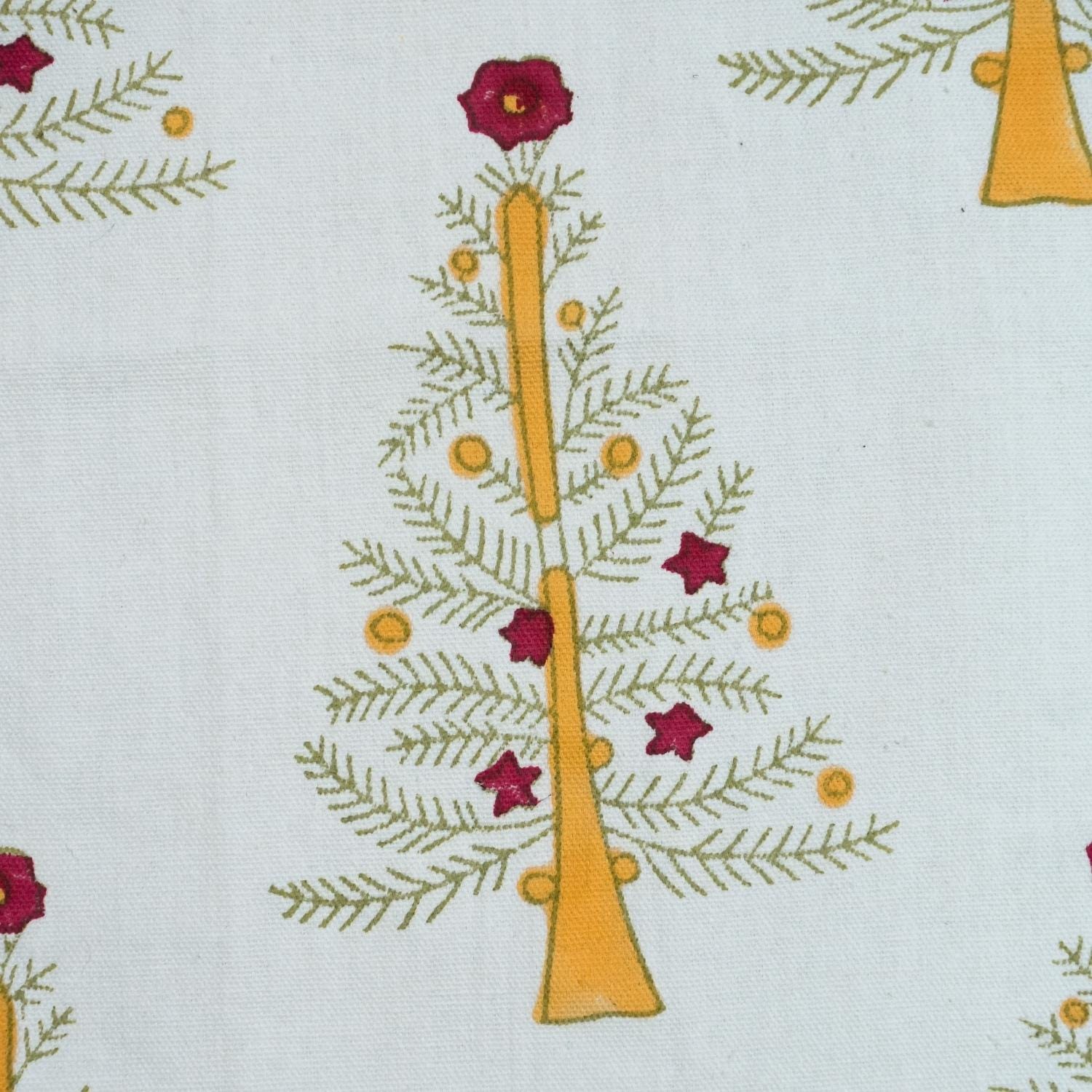 HAND BLOCK PRINT THICK COTTON WHITE FLORAL YELLOW CURTAIN AND PILLOWS FABRIC - CHRISTMAS TREE