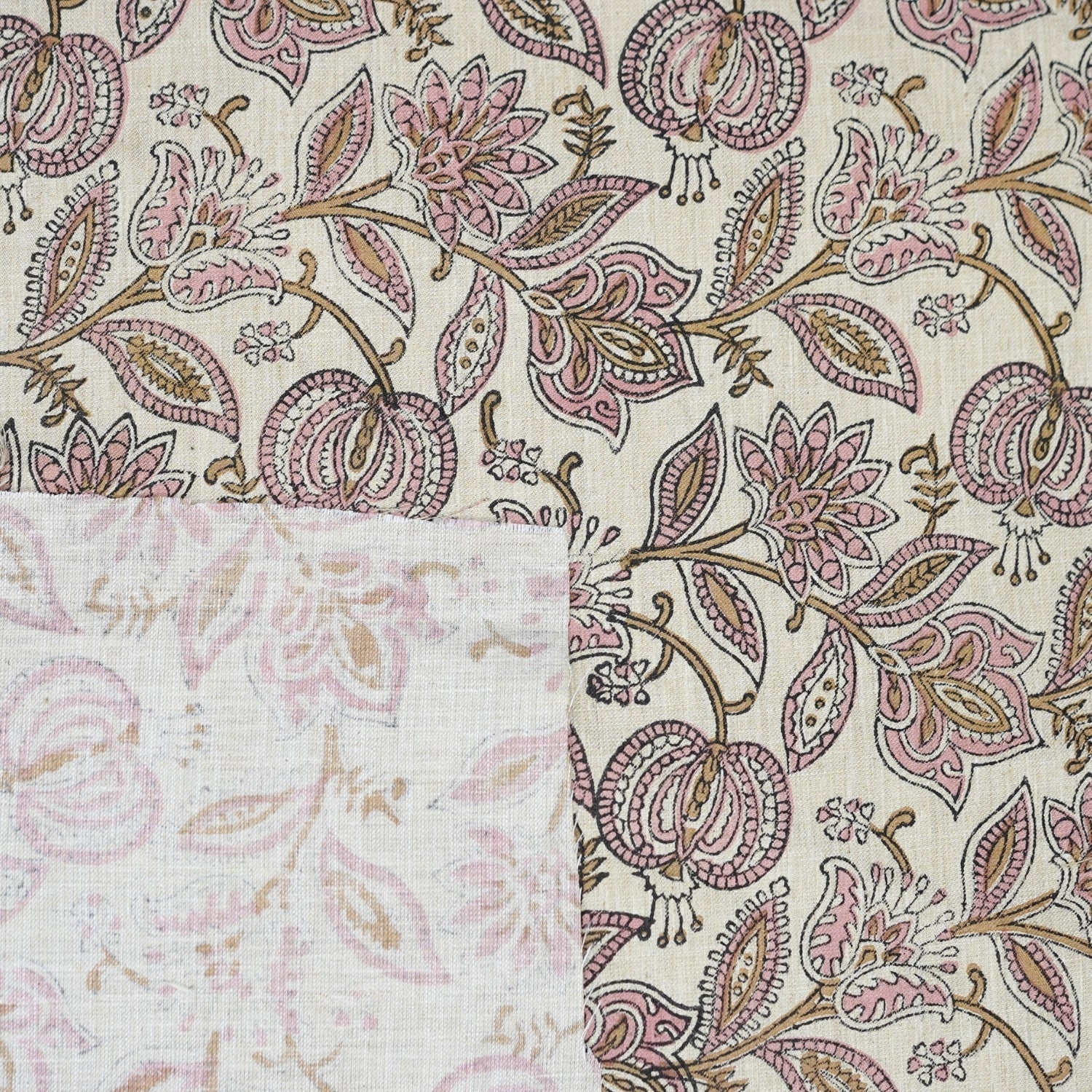 Handmade Indian Block Printed  Pink Floral Linen Blend Fabric – Custard Apple