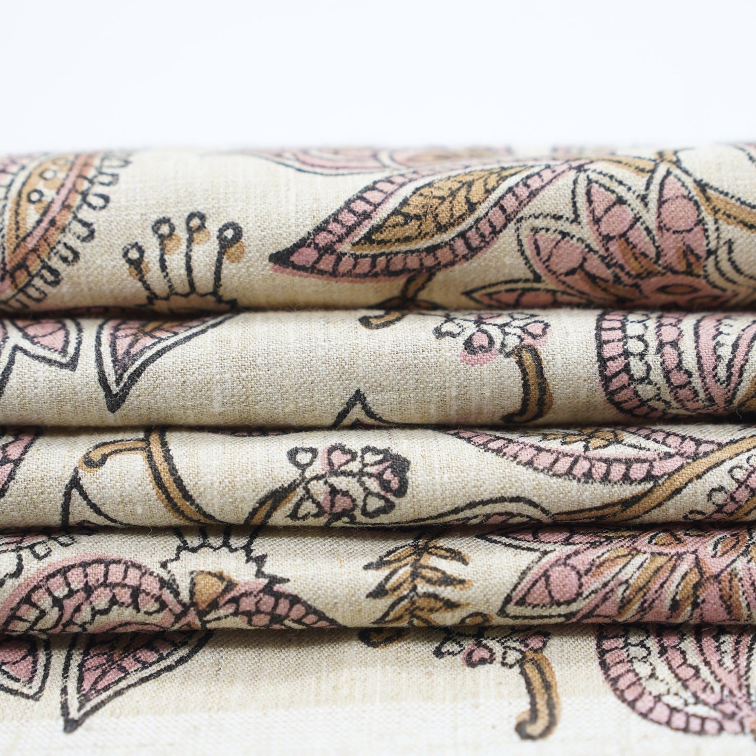 Handmade Indian Block Printed  Pink Floral Linen Blend Fabric – Custard Apple