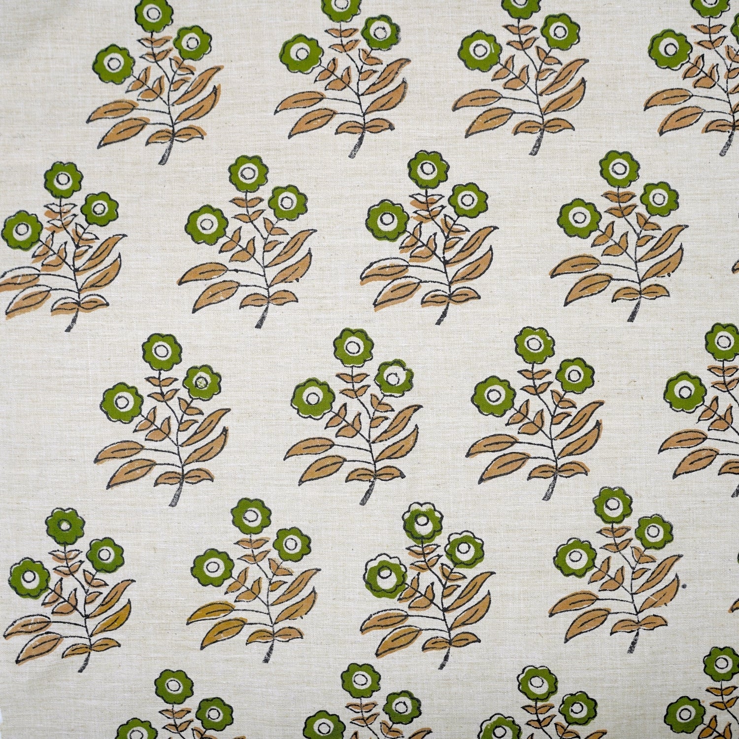 Handprinted Soft Linen Blend Fabric Boho Green Floral Design - Neha