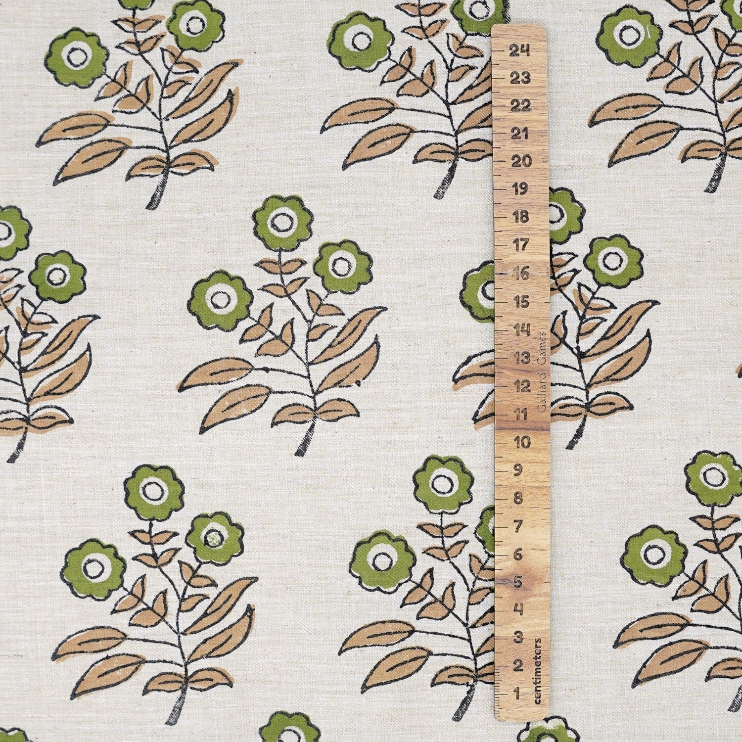 Handprinted Soft Linen Blend Fabric Boho Green Floral Design - Neha