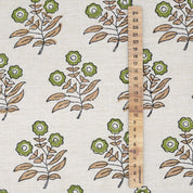 Handprinted Soft Linen Blend Fabric Boho Green Floral Design - Neha