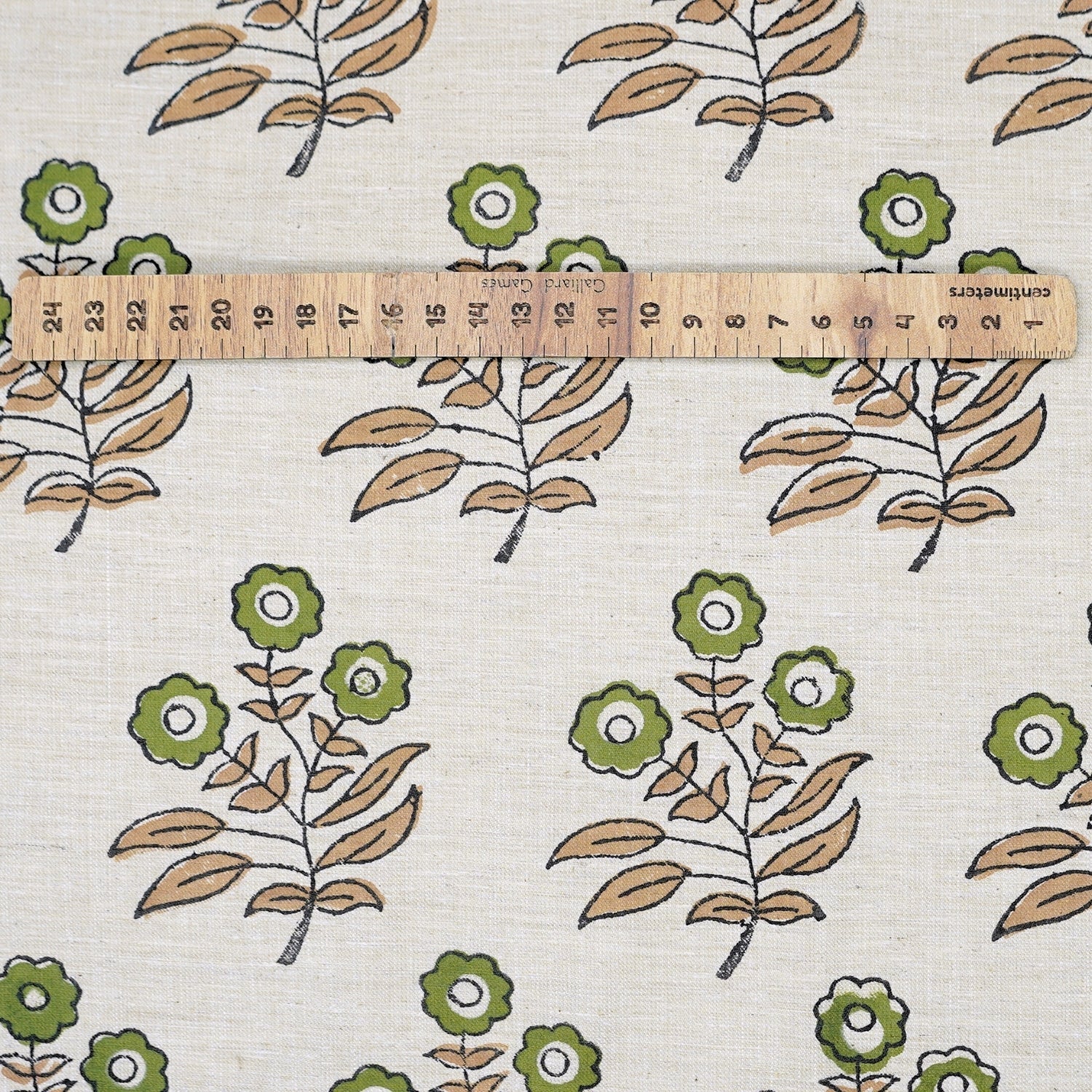 Handprinted Soft Linen Blend Fabric Boho Green Floral Design - Neha