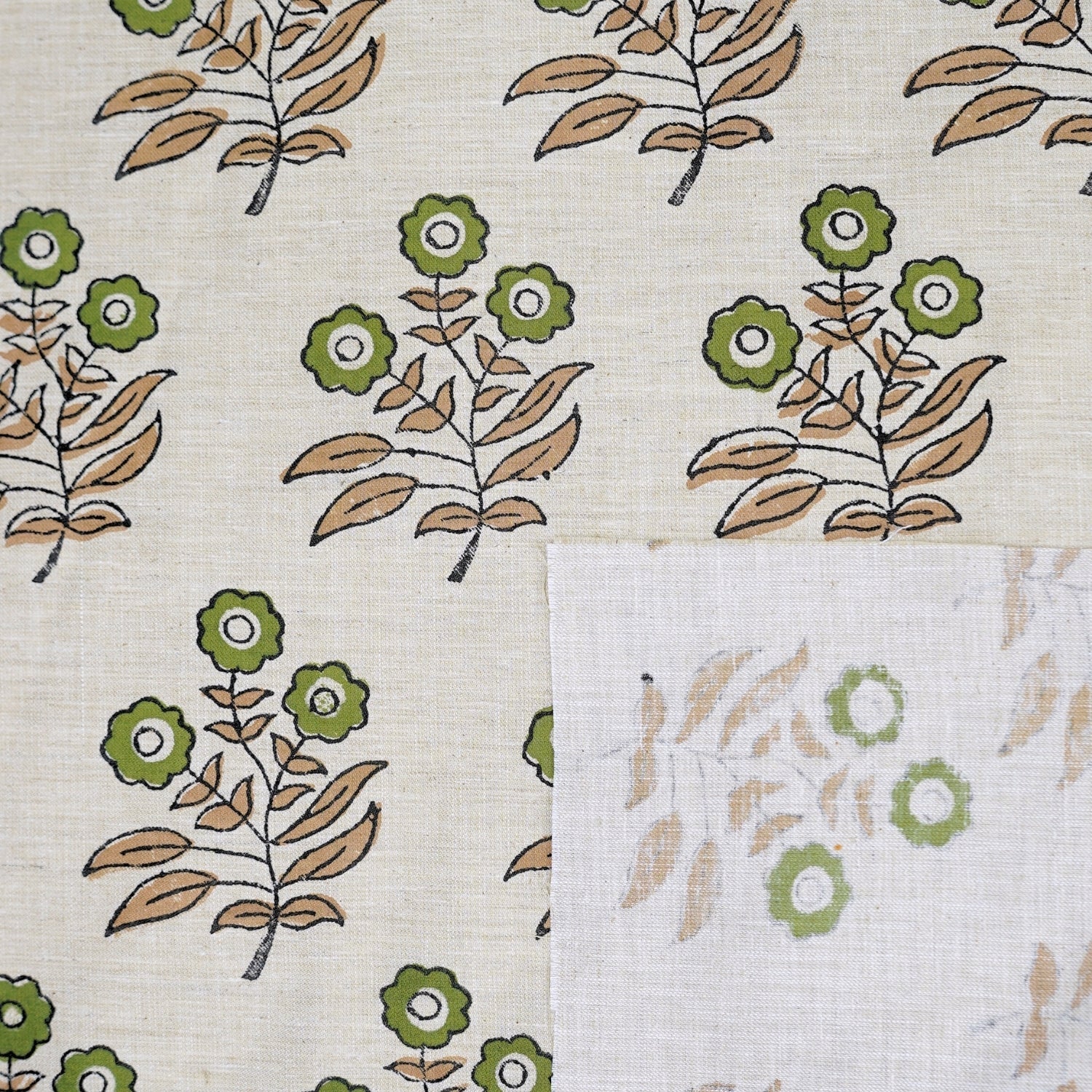 Handprinted Soft Linen Blend Fabric Boho Green Floral Design - Neha