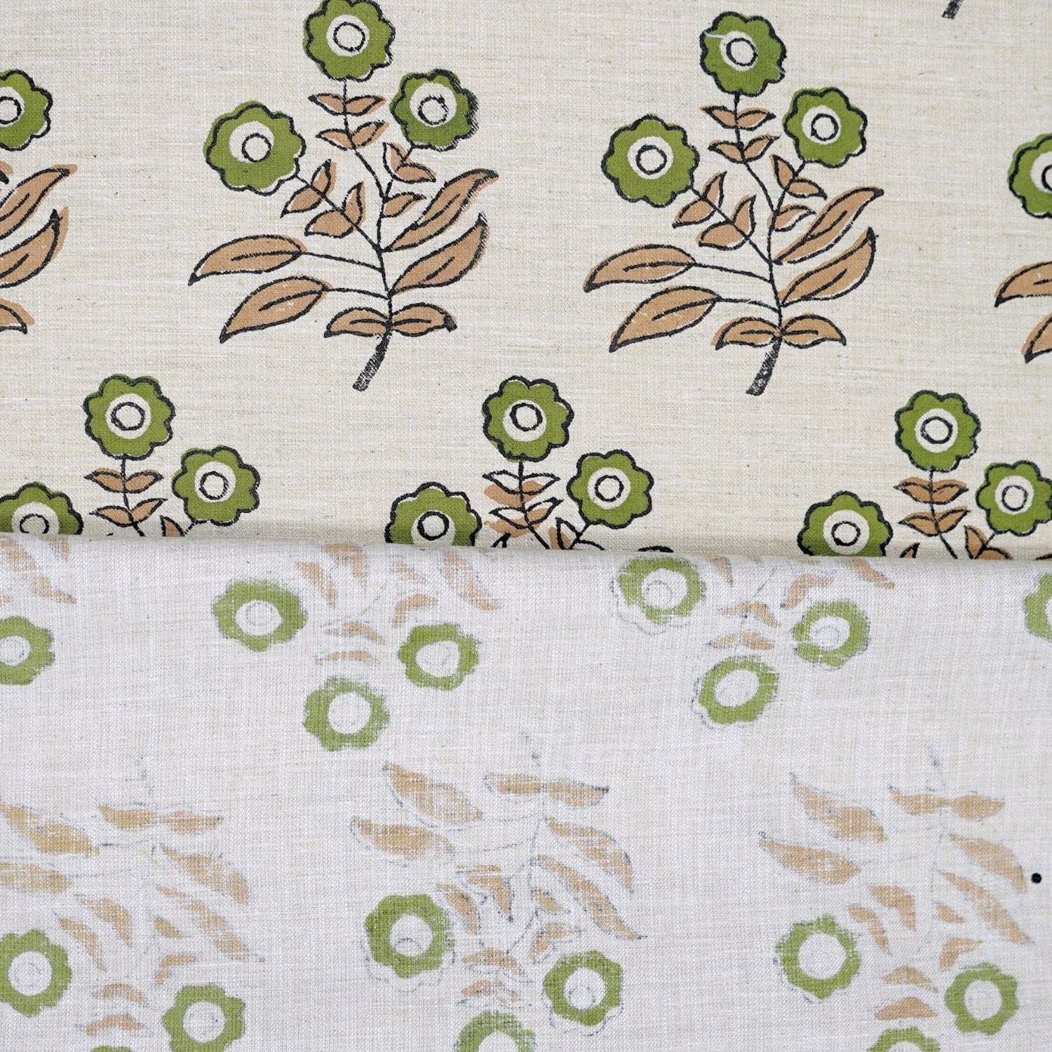 Handprinted Soft Linen Blend Fabric Boho Green Floral Design - Neha