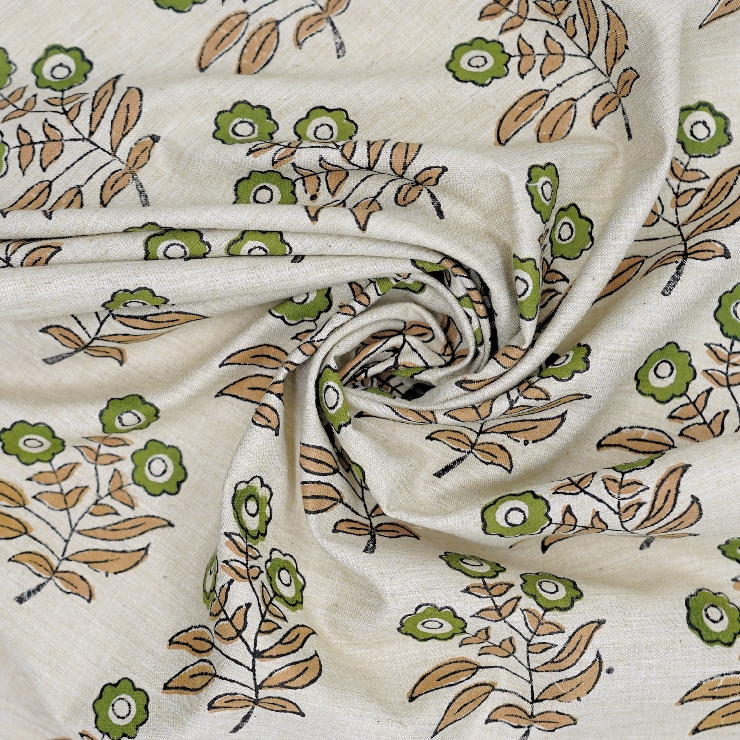 Handprinted Soft Linen Blend Fabric Boho Green Floral Design - Neha