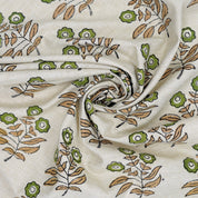 Handprinted Soft Linen Blend Fabric Boho Green Floral Design - Neha