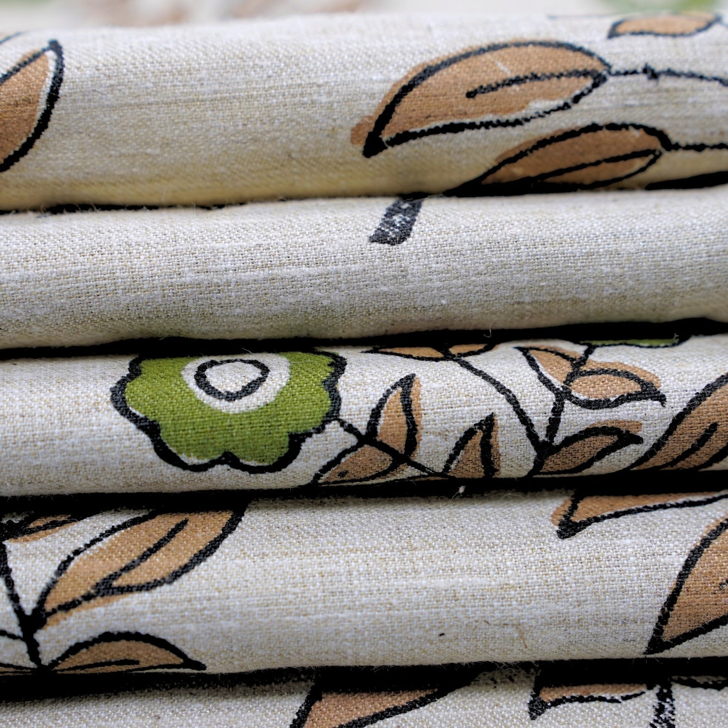Handprinted Soft Linen Blend Fabric Boho Green Floral Design - Neha