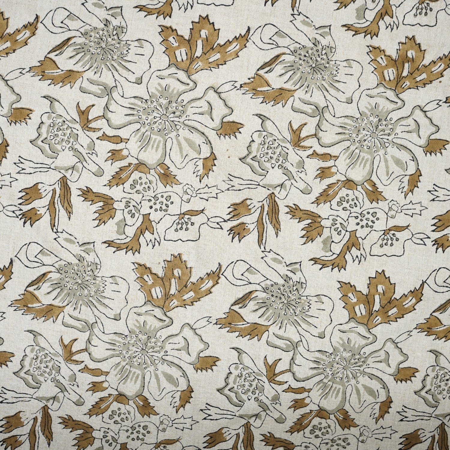 Artisanal Brown Floral Pure Linen Fabric Comfortable Block Printed - Papaya Leaf Design
