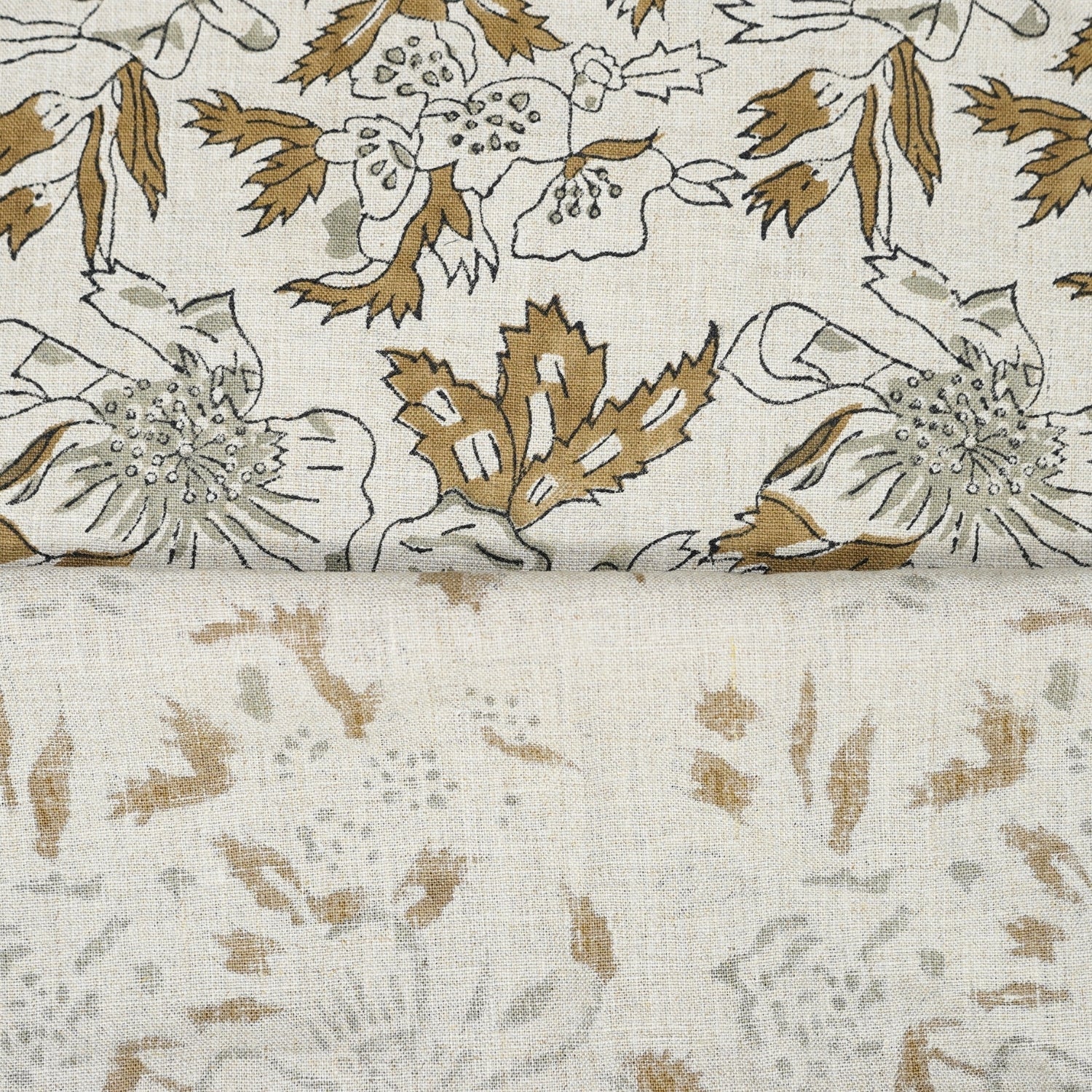 Artisanal Brown Floral Pure Linen Fabric Comfortable Block Printed - Papaya Leaf Design