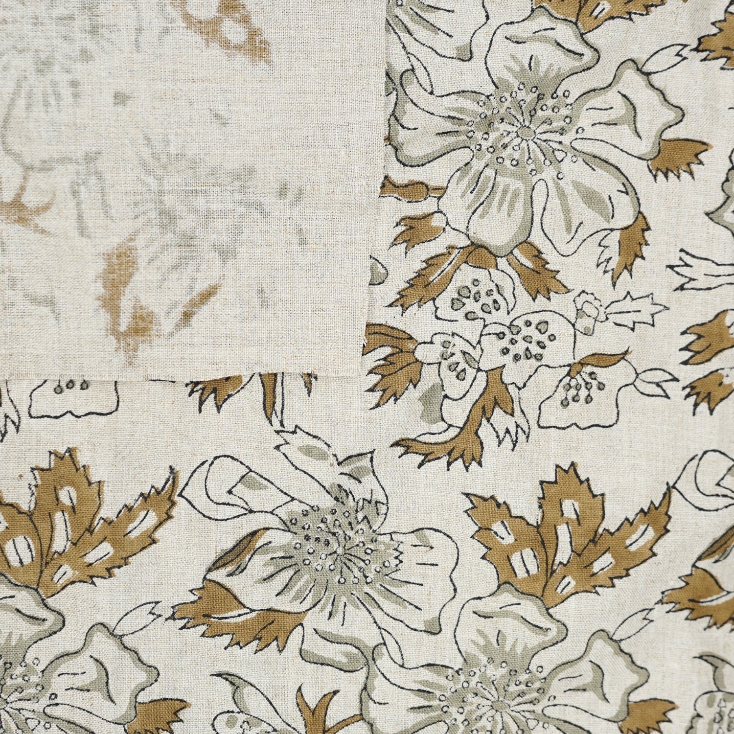 Artisanal Brown Floral Pure Linen Fabric Comfortable Block Printed - Papaya Leaf Design