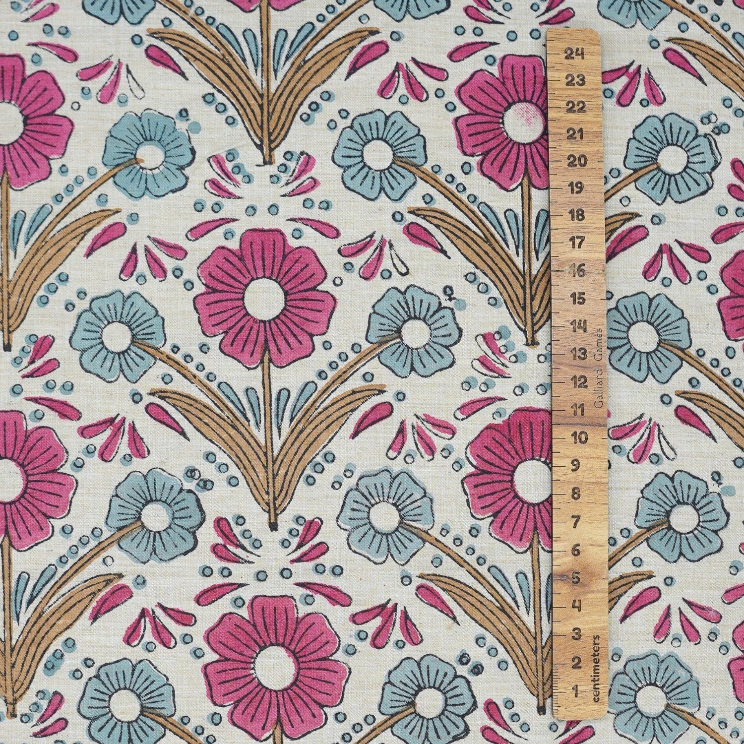 Handprinted Pink Floral Linen Blend Fabric Soft Touch for Cushions & Curtains - Vanshika