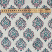 Handmade Boho Block Print on Soft Linen Blend Pink Floral Fabric - Uday