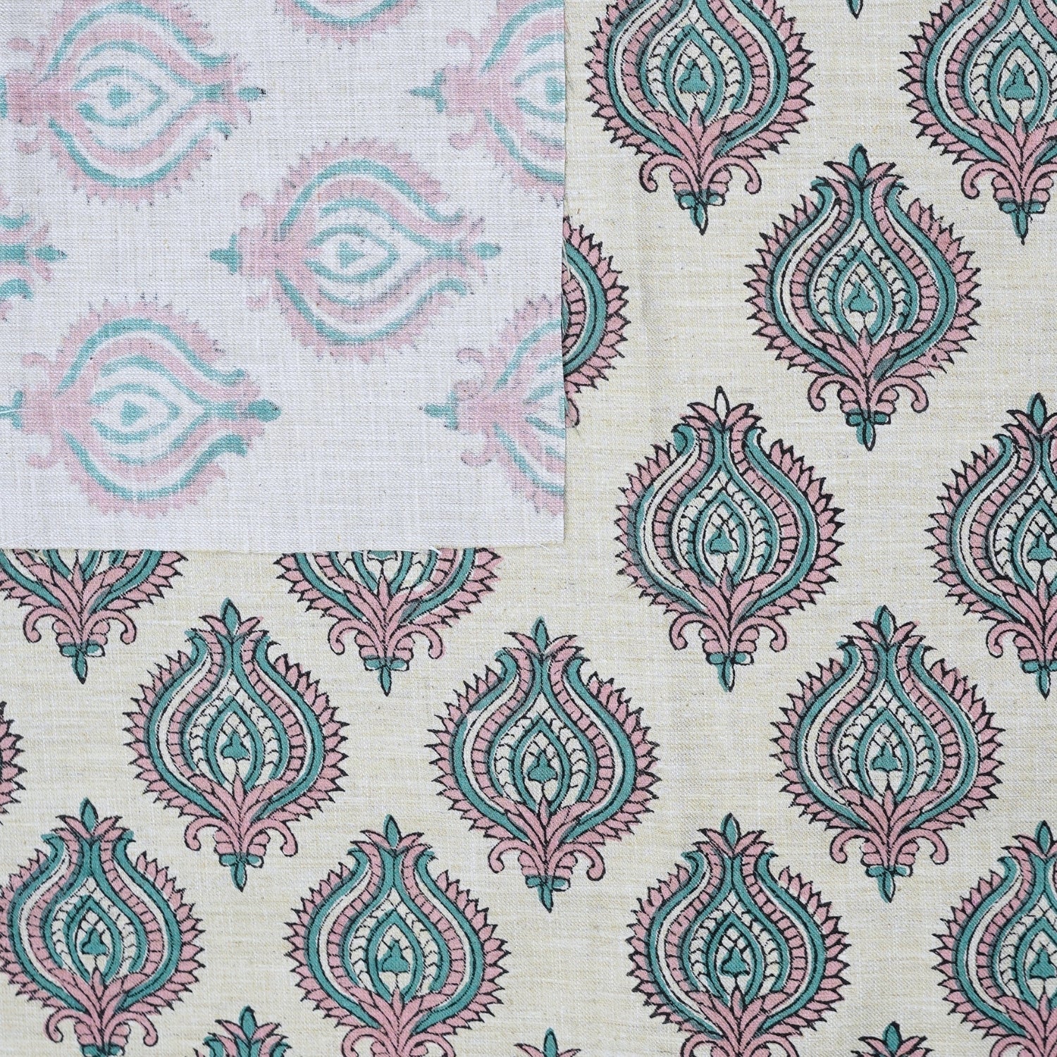 Handmade Boho Block Print on Soft Linen Blend Pink Floral Fabric - Uday