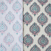 Handmade Boho Block Print on Soft Linen Blend Pink Floral Fabric - Uday