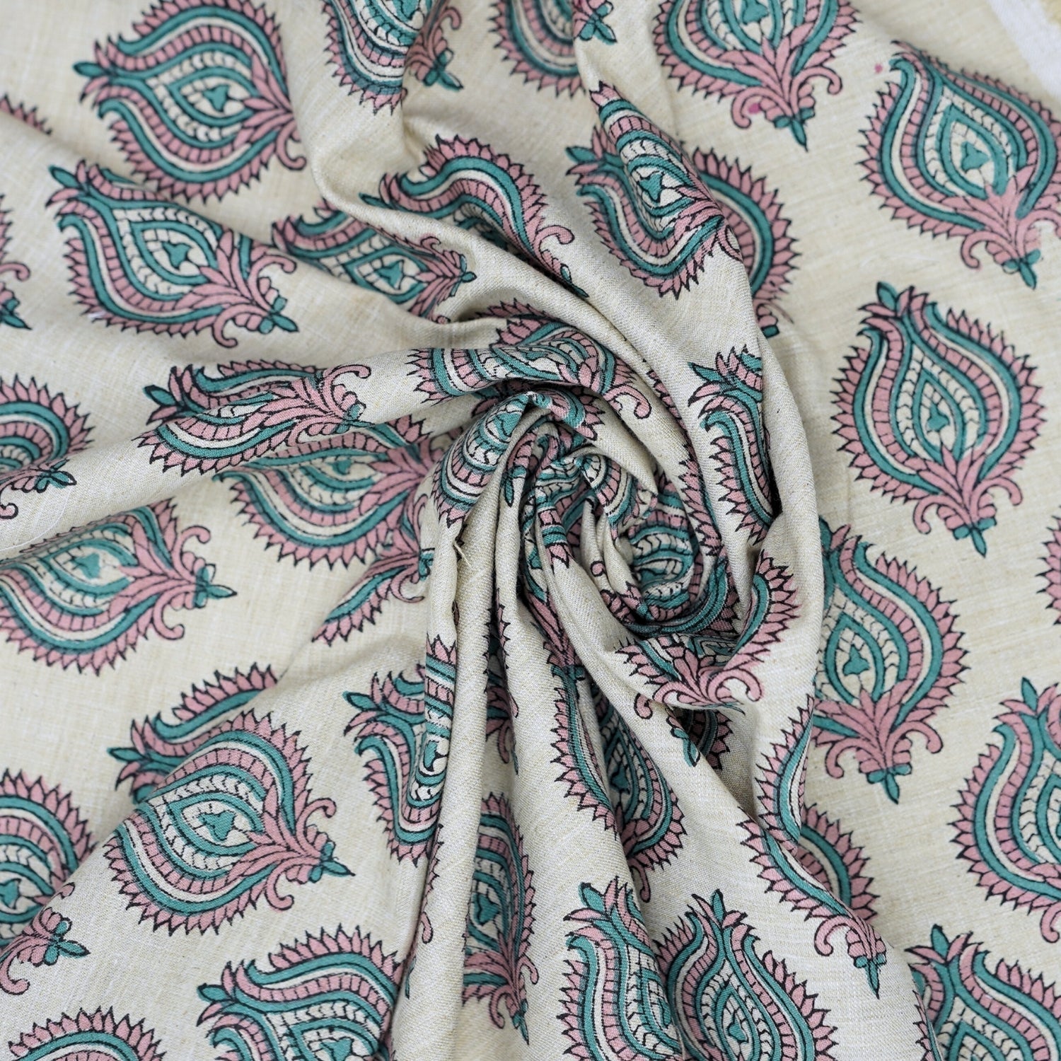 Handmade Boho Block Print on Soft Linen Blend Pink Floral Fabric - Uday