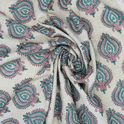 Handmade Boho Block Print on Soft Linen Blend Pink Floral Fabric - Uday