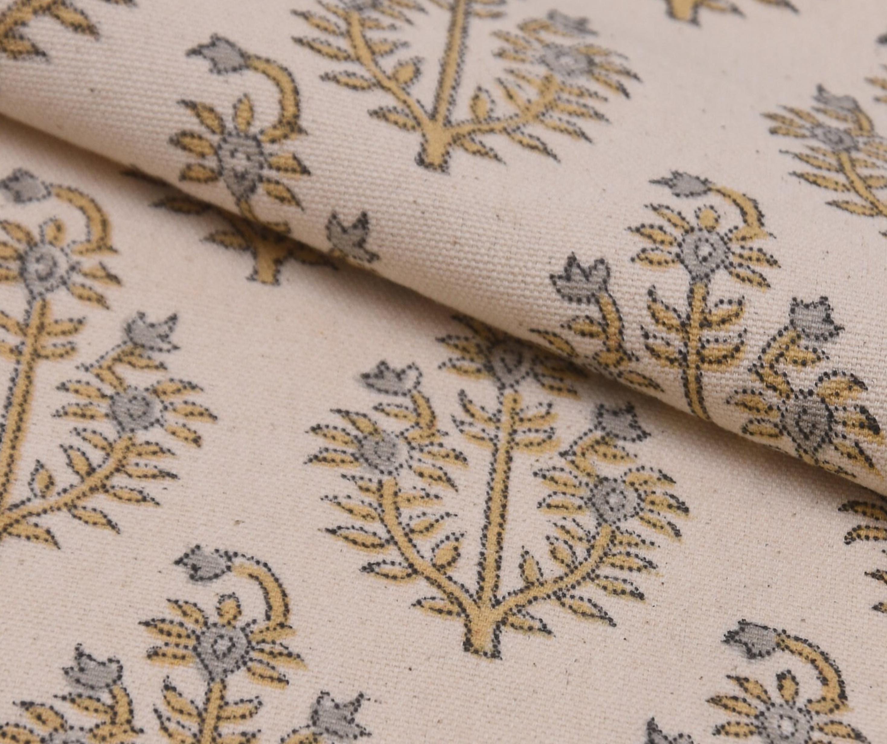 Block Print Fabric 50 Inch Width Medium Weight Duck Canvas Beige Base Color Decorative Handmade Blockprint Curtains and Drapes Pillow Covers Tablecloths and Runners Bedding Tote Bag Lampshades Napkins