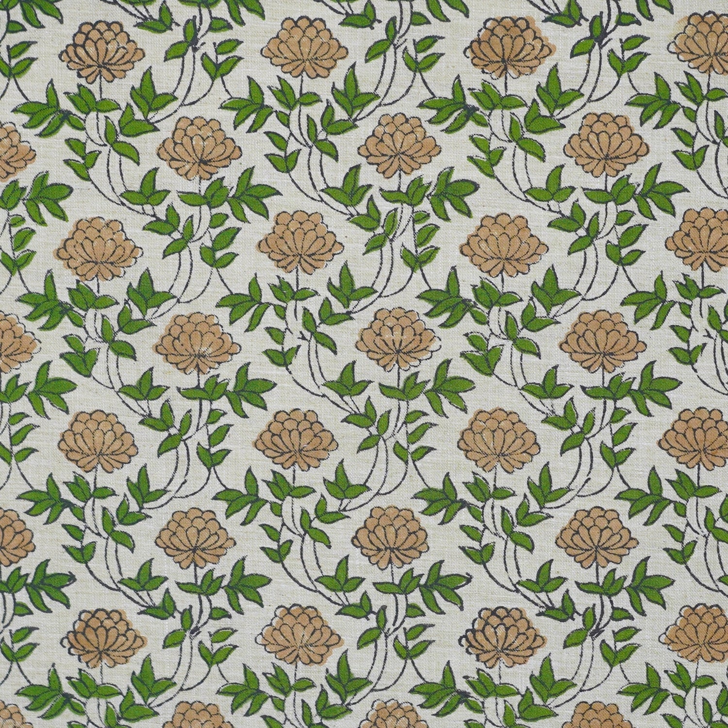 Handcrafted Fabric Khubsurat Boho Flower Print on Green Linen Blend