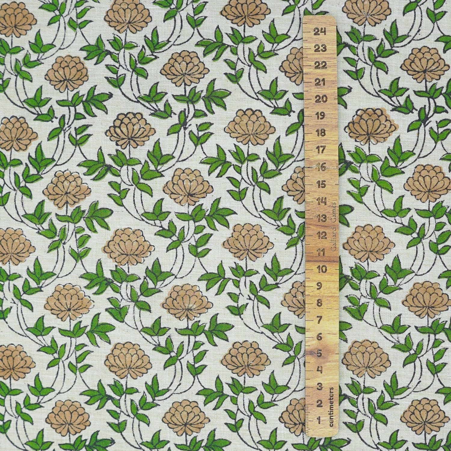 Handcrafted Fabric Khubsurat Boho Flower Print on Green Linen Blend