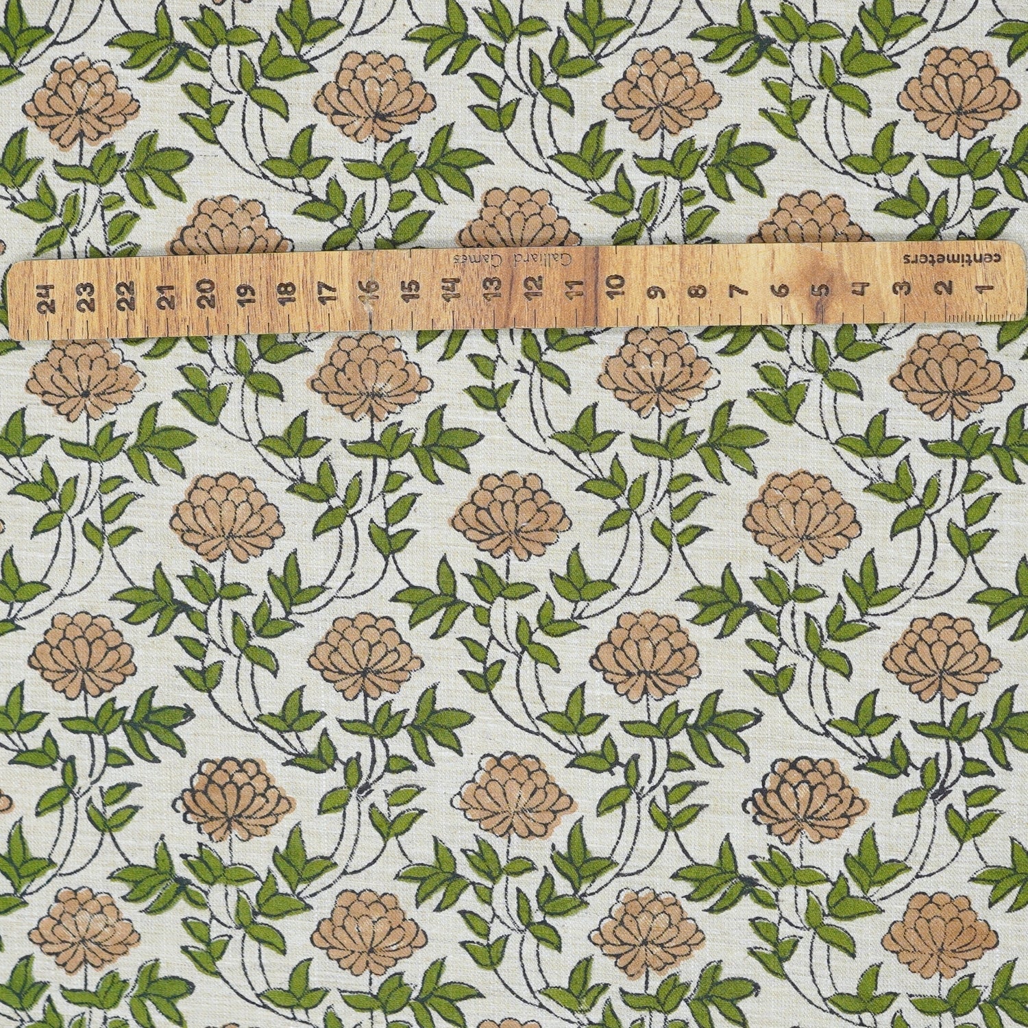 Handcrafted Fabric Khubsurat Boho Flower Print on Green Linen Blend