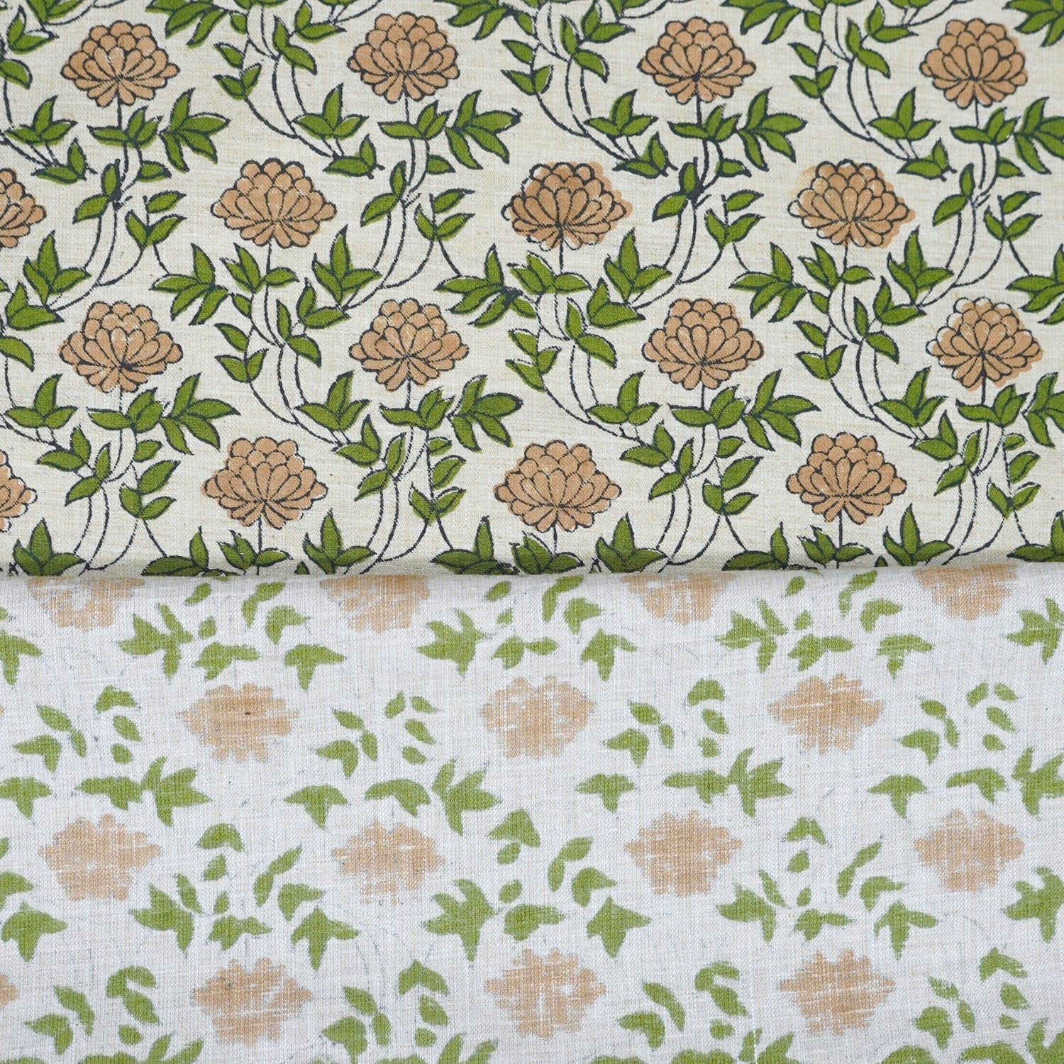 Handcrafted Fabric Khubsurat Boho Flower Print on Green Linen Blend