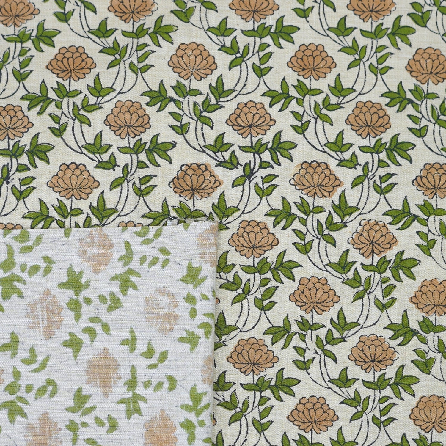 Handcrafted Fabric Khubsurat Boho Flower Print on Green Linen Blend