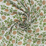 Handcrafted Fabric Khubsurat Boho Flower Print on Green Linen Blend