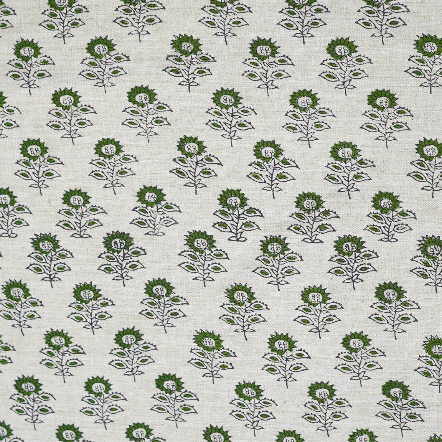 Handmade Floral Green Linen Blend Fabric Traditional - Bagru Buti Print