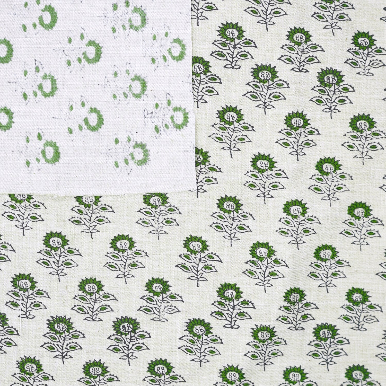 Handmade Floral Green Linen Blend Fabric Traditional - Bagru Buti Print