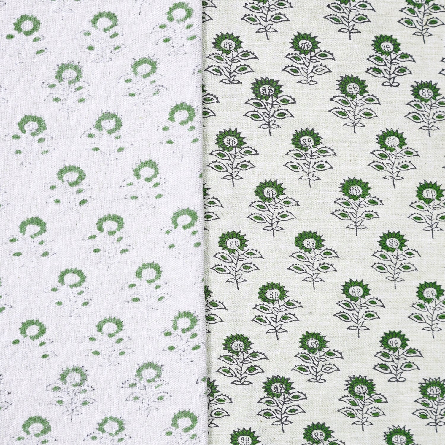 Handmade Floral Green Linen Blend Fabric Traditional - Bagru Buti Print