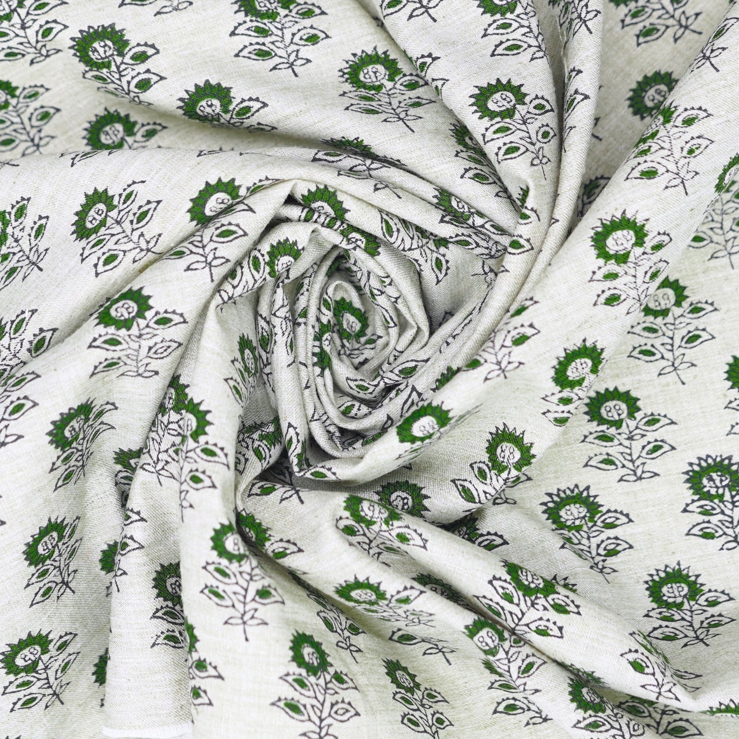 Handmade Floral Green Linen Blend Fabric Traditional - Bagru Buti Print