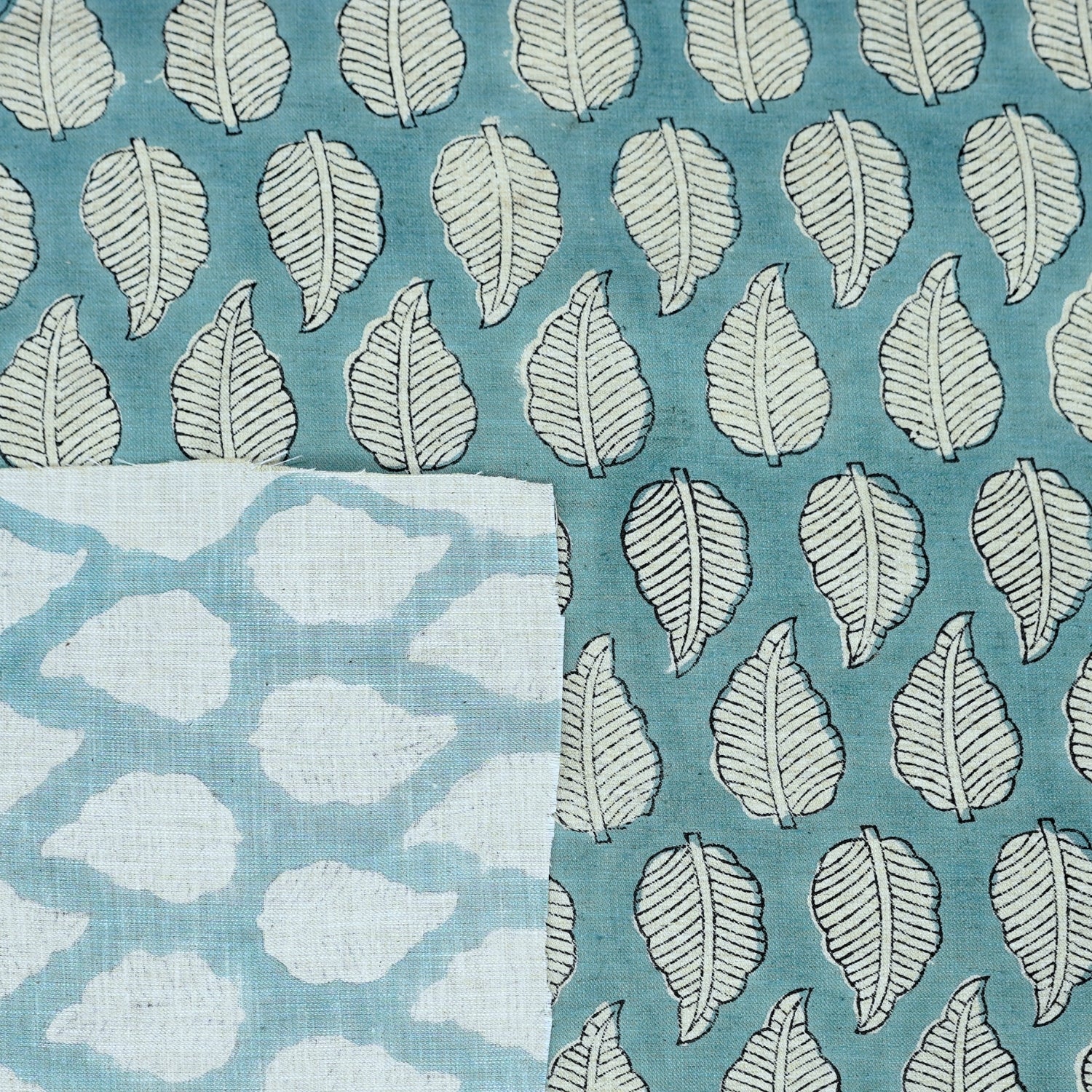 Indian Handblock Blue Floral Fabric Panchi Design on Soft Linen Blend