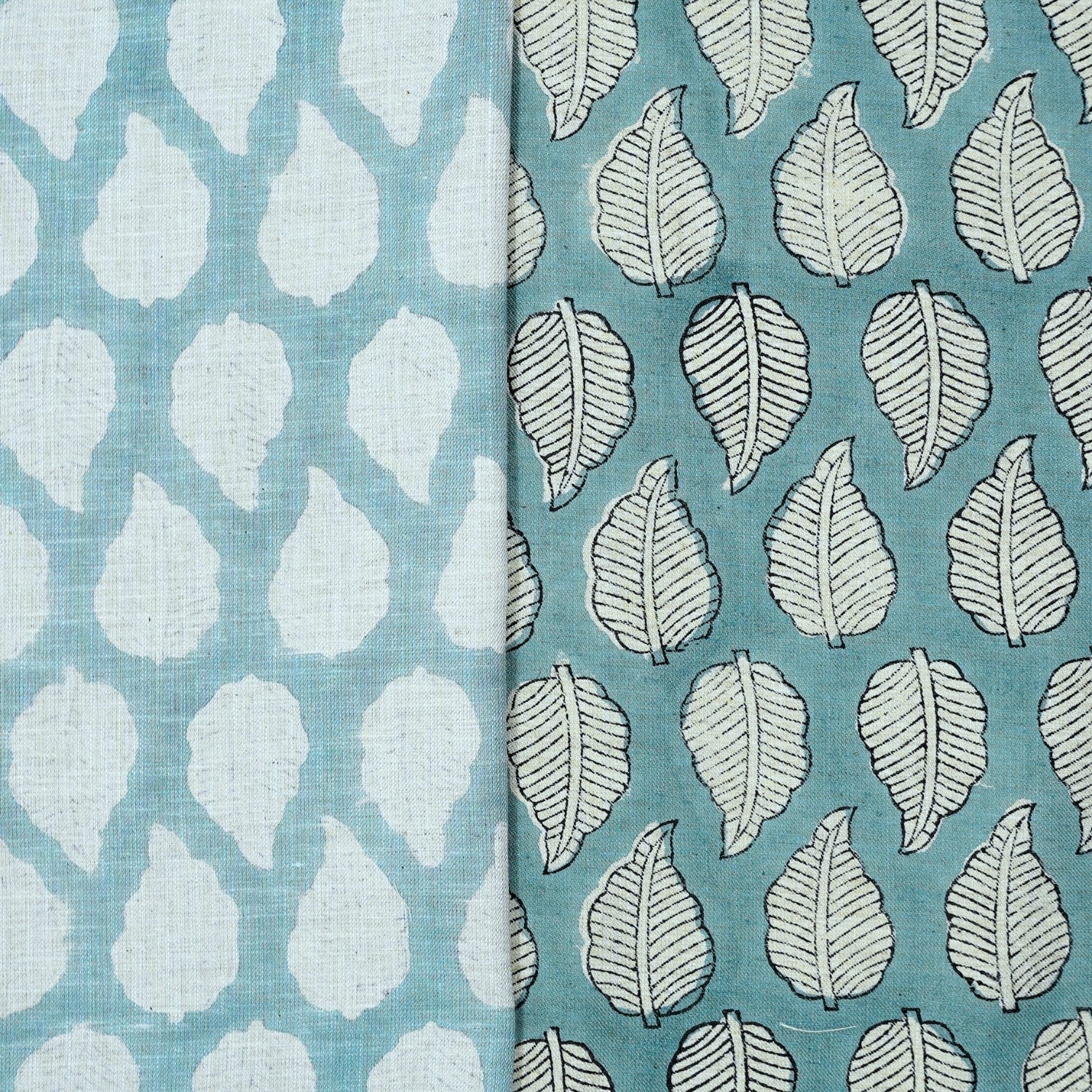 Indian Handblock Blue Floral Fabric Panchi Design on Soft Linen Blend