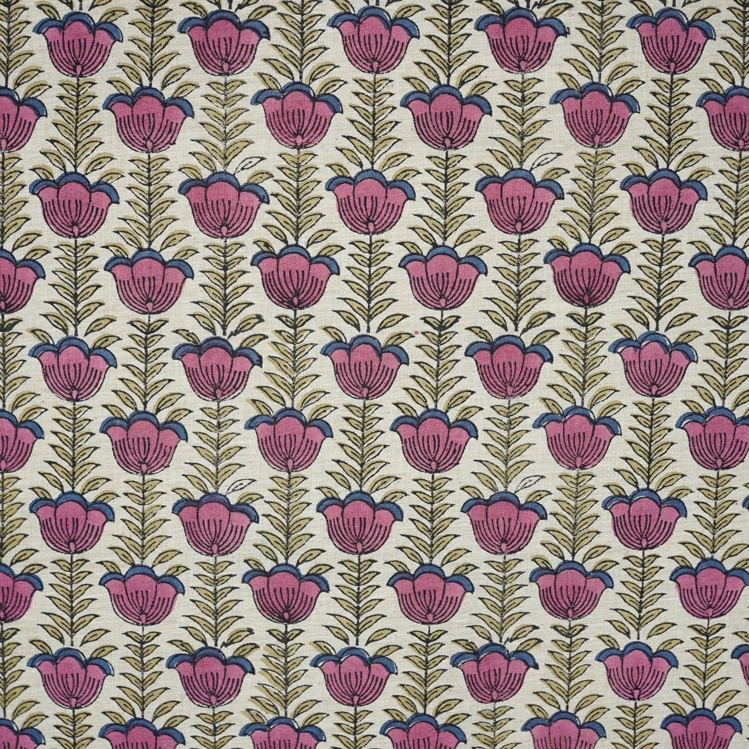 Hand Block Printed Boho Lotus Pink Floral Fabric on Linen Blend (58" Width)