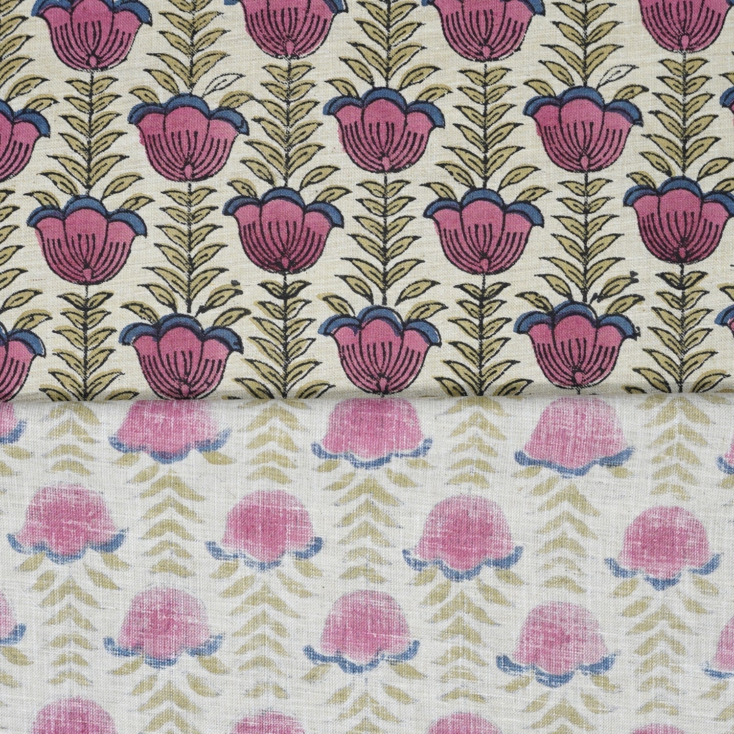 Hand Block Printed Boho Lotus Pink Floral Fabric on Linen Blend (58" Width)