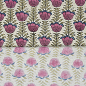 Hand Block Printed Boho Lotus Pink Floral Fabric on Linen Blend (58" Width)