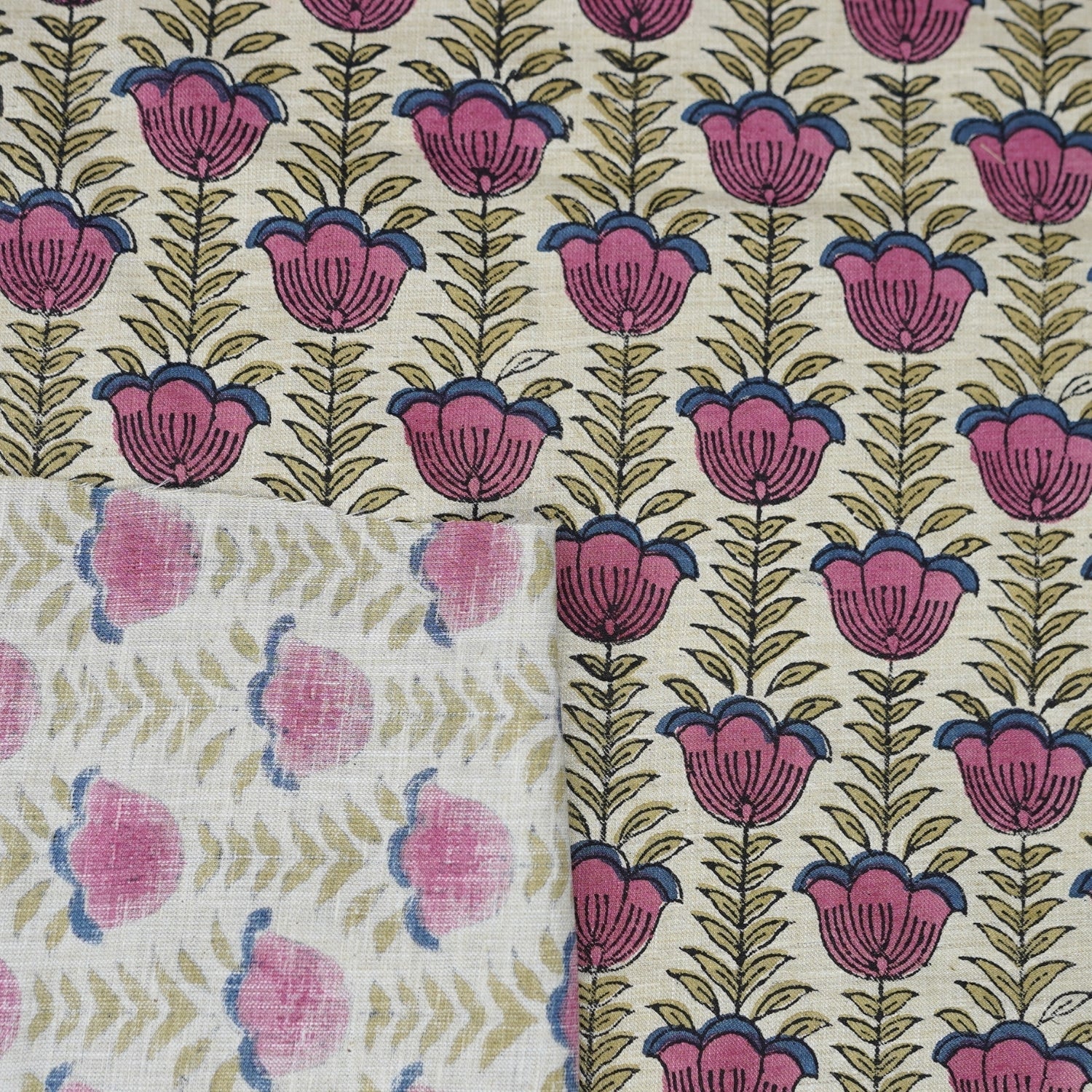 Hand Block Printed Boho Lotus Pink Floral Fabric on Linen Blend (58" Width)